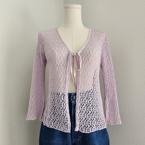 Y2K Purple Lavender Crochet Tie Front Cardigan Bell Sleeve Open Knit Top S - Picture 7 of 7